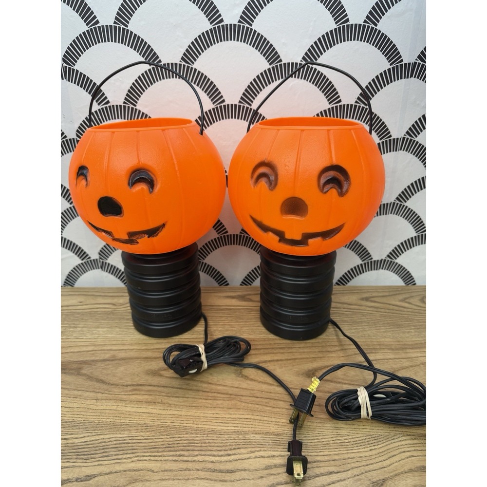 Vintage Set Of 2 Halloween Blow Mold Blinky Products Light Up Jack O'Lanterns